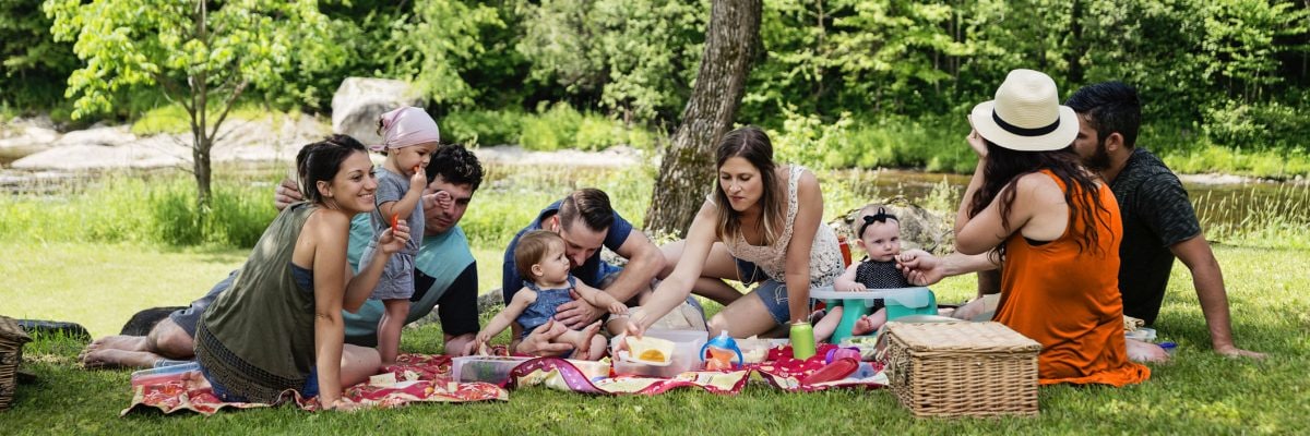 A family including kids and babies has a picnic by a river in the summer.