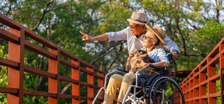 Older man points to something outside while on a walk with his wife who is in a wheelchair holding a dog.